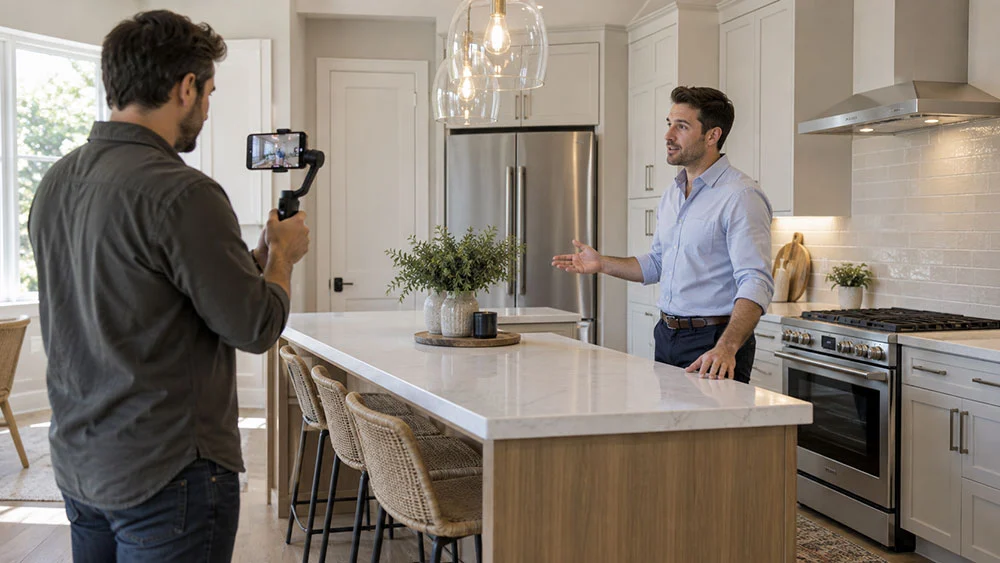 Real estate agent explaining kitchen features while a videographer records him with a smartphone on a handheld gimbal.