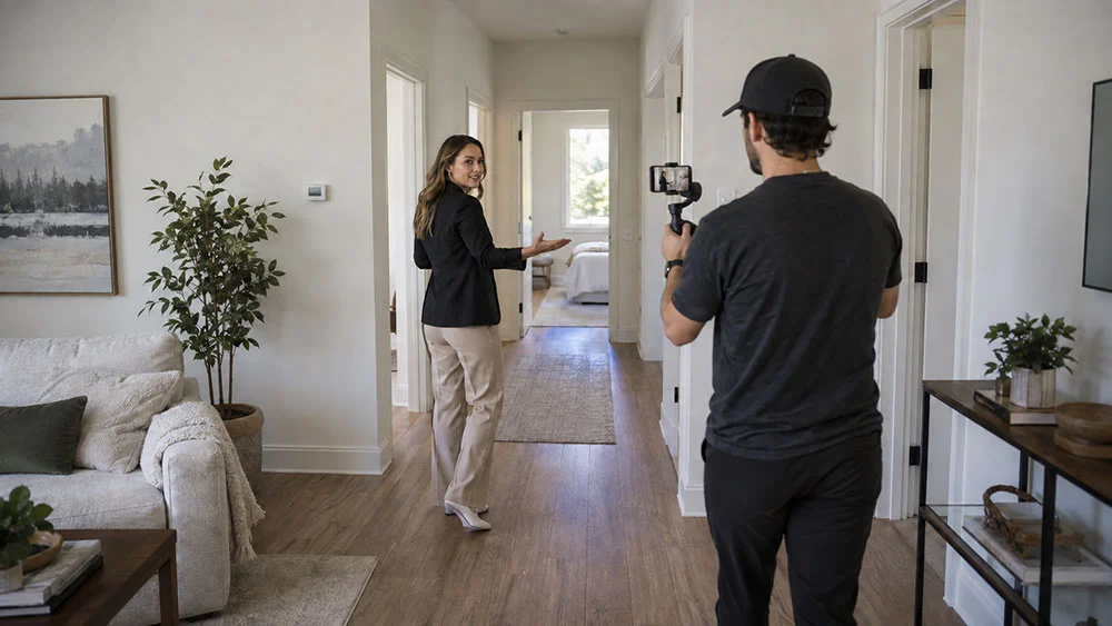 Real estate agent gesturing toward the next room during a walkthrough filmed with a smartphone on a handheld gimbal.