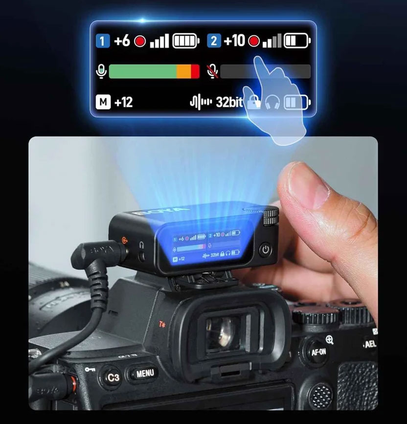 BOYAMIC 2 wireless microphone receiver mounted on a camera with audio levels displayed on its touchscreen